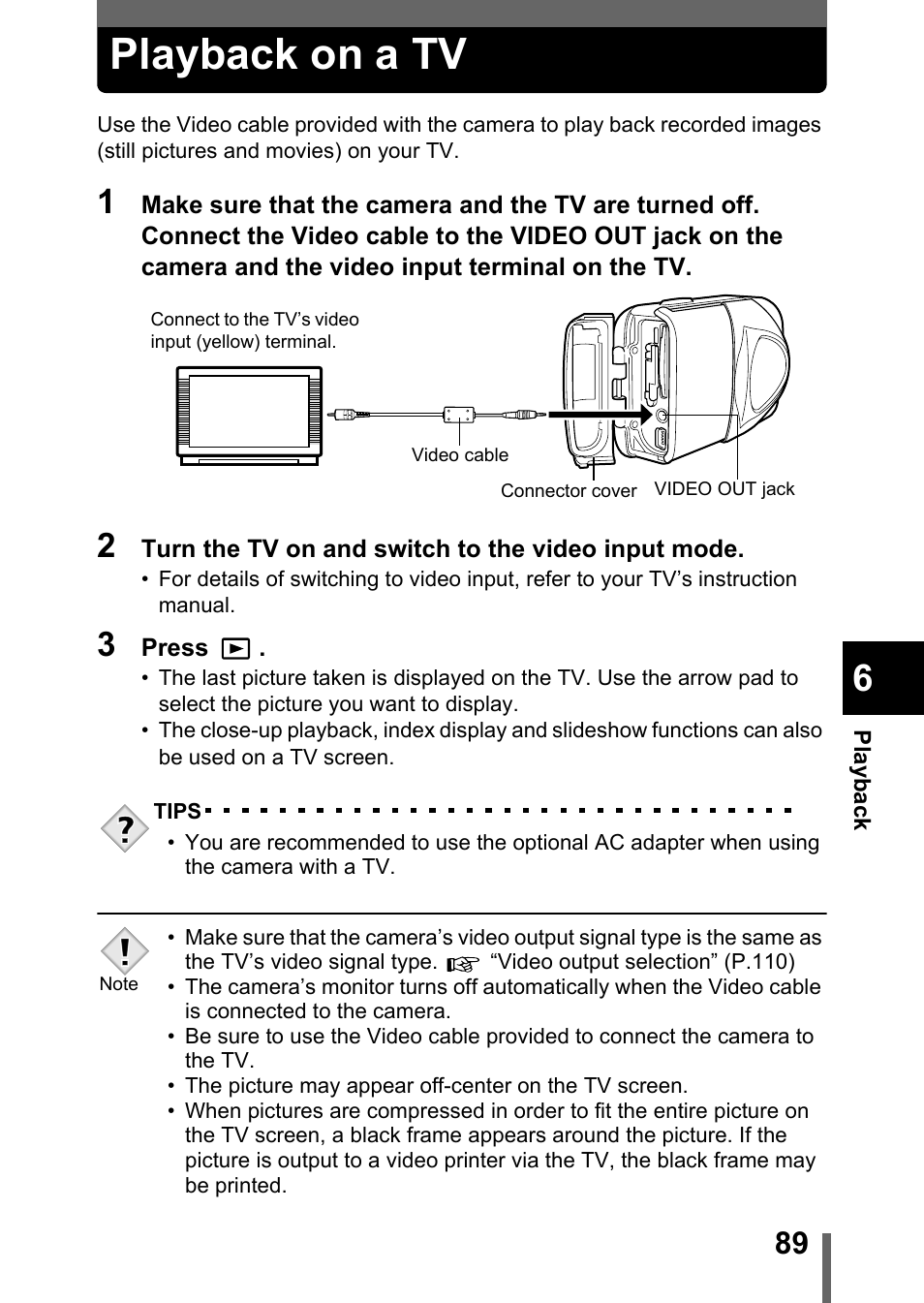 Playback on a tv, P.89, Playback on a tv” (p.89) | Olympus Stylus 400 Digital User Manual | Page 90 / 173