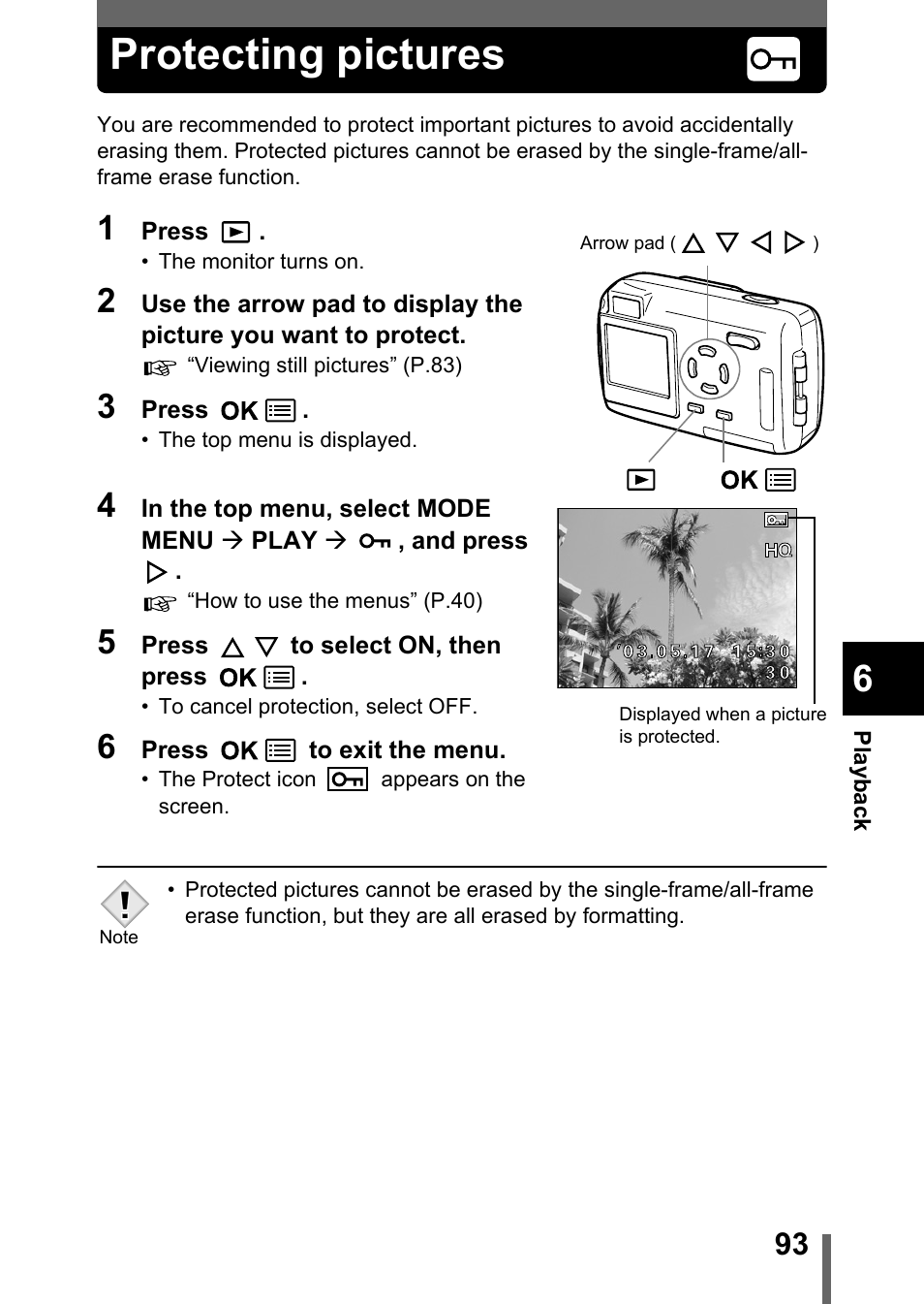 Protecting pictures, P.93 | Olympus Stylus 400 Digital User Manual | Page 94 / 173