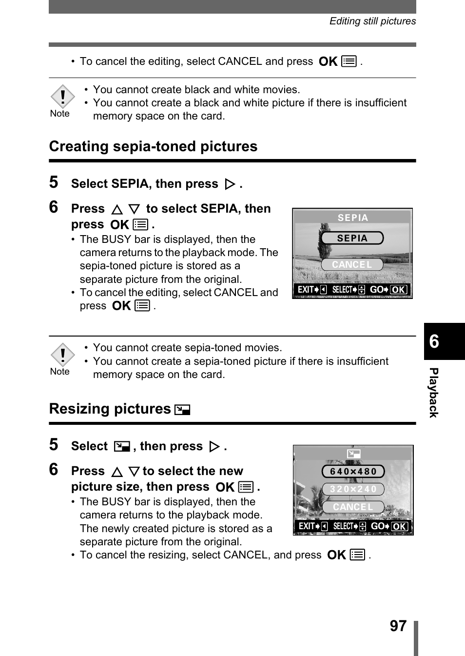 Creating sepia-toned pictures, Resizing pictures, Creating sepia-toned pictures resizing pictures | P.97 | Olympus Stylus 400 Digital User Manual | Page 98 / 173