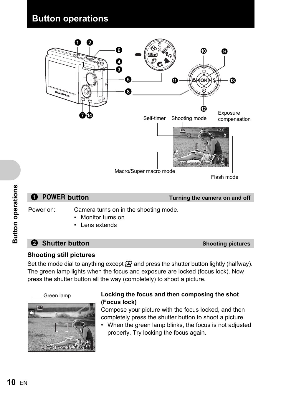 Button operations, Turning the camera on and off, Shooting pictures | P.10 | Olympus FE-200 User Manual | Page 10 / 78