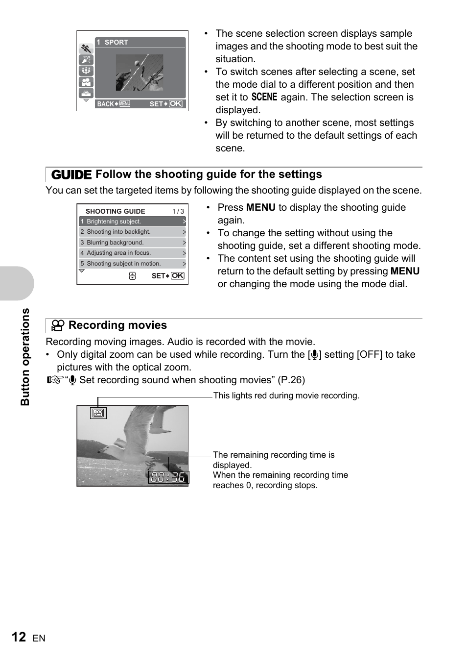 Follow the shooting guide for the settings, Recording movies, Bu tto n op eratio ns | Olympus FE-200 User Manual | Page 12 / 78