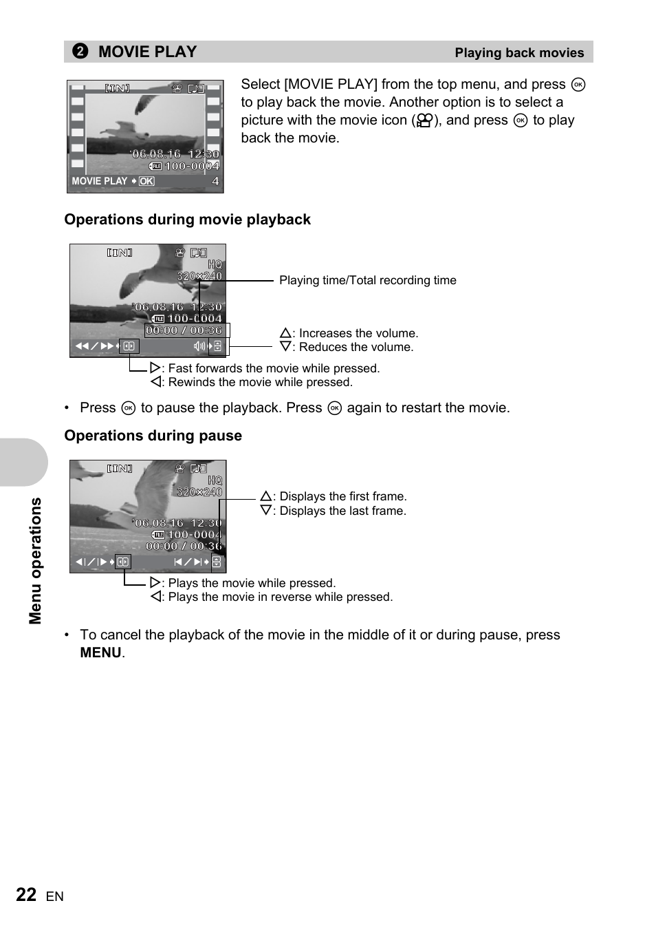 Playing back movies, G“movie play playing back movies” (p.22), Me nu operati o ns | 2movie play, Operations during movie playback, Operations during pause | Olympus FE-200 User Manual | Page 22 / 78