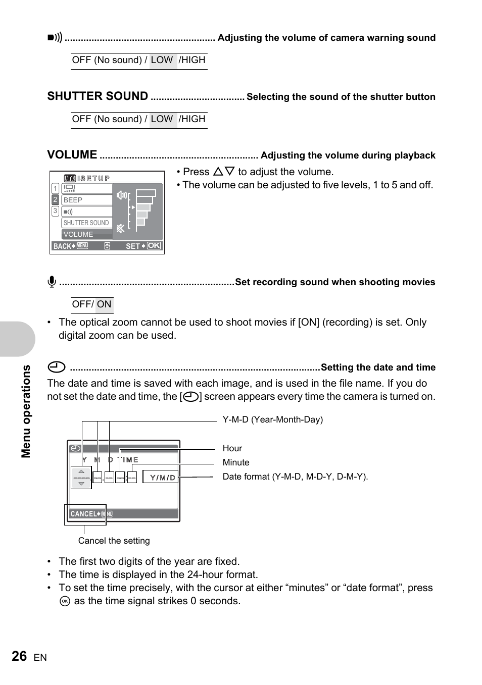 Adjusting the volume of camera warning sound, Selecting the sound of the shutter button, Adjusting the volume during playback | Set recording sound when shooting movies, Setting the date and time, Me nu operati o ns, Shutter sound, Volume | Olympus FE-200 User Manual | Page 26 / 78