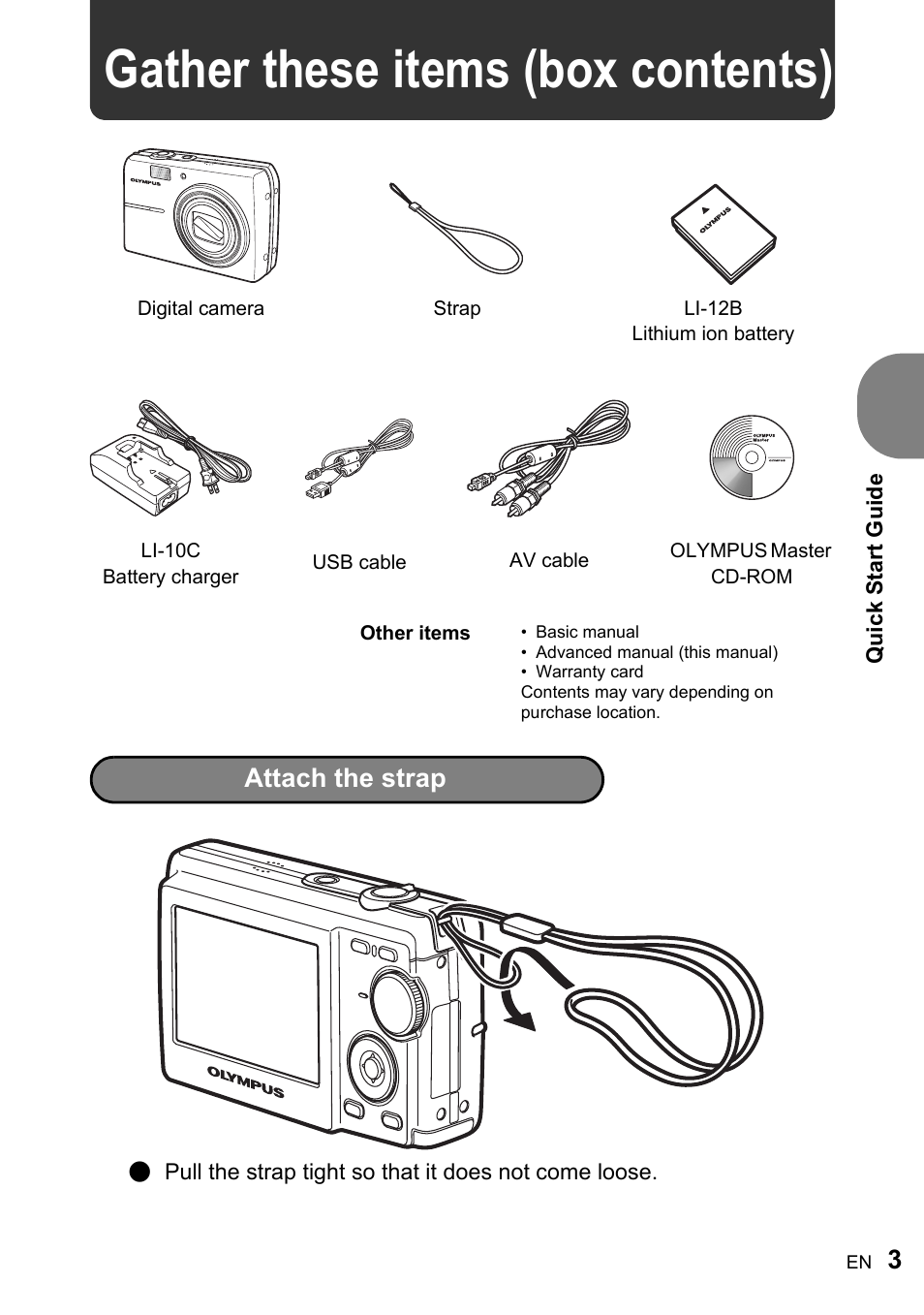 Quick start guide p.3, Gather these items (box contents), Attach the strap | Olympus FE-200 User Manual | Page 3 / 78