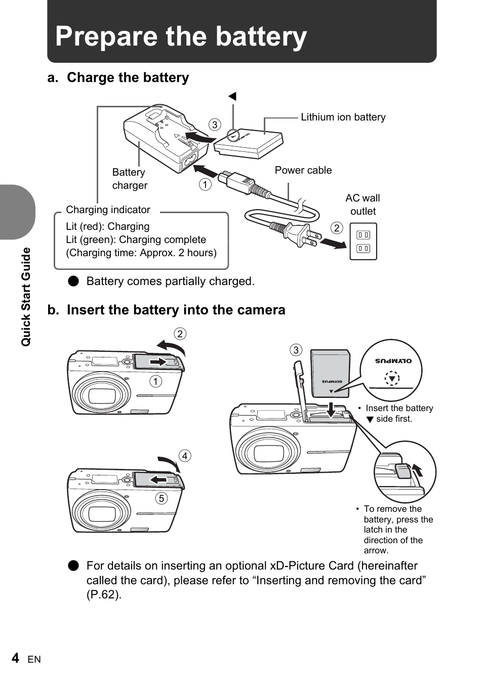 Prepare the battery, A. charge the battery, B. insert the battery into the camera | Olympus FE-200 User Manual | Page 4 / 78
