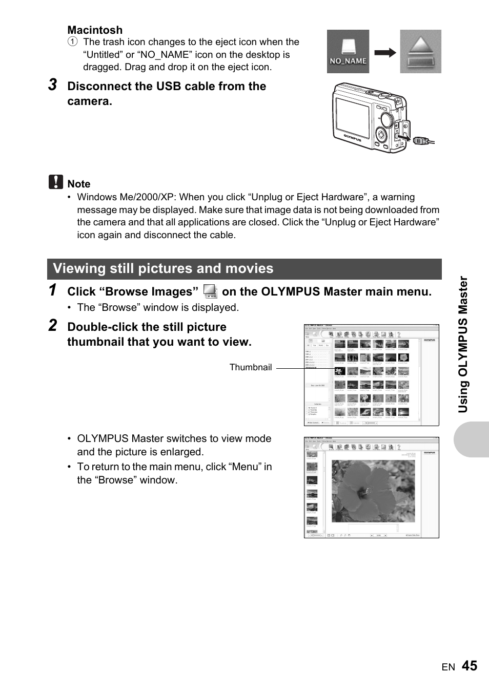 Viewing still pictures and movies | Olympus FE-200 User Manual | Page 45 / 78