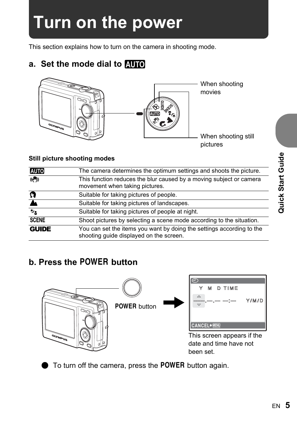 Turn on the power, A. set the mode dial to h, B. press the o button | Olympus FE-200 User Manual | Page 5 / 78
