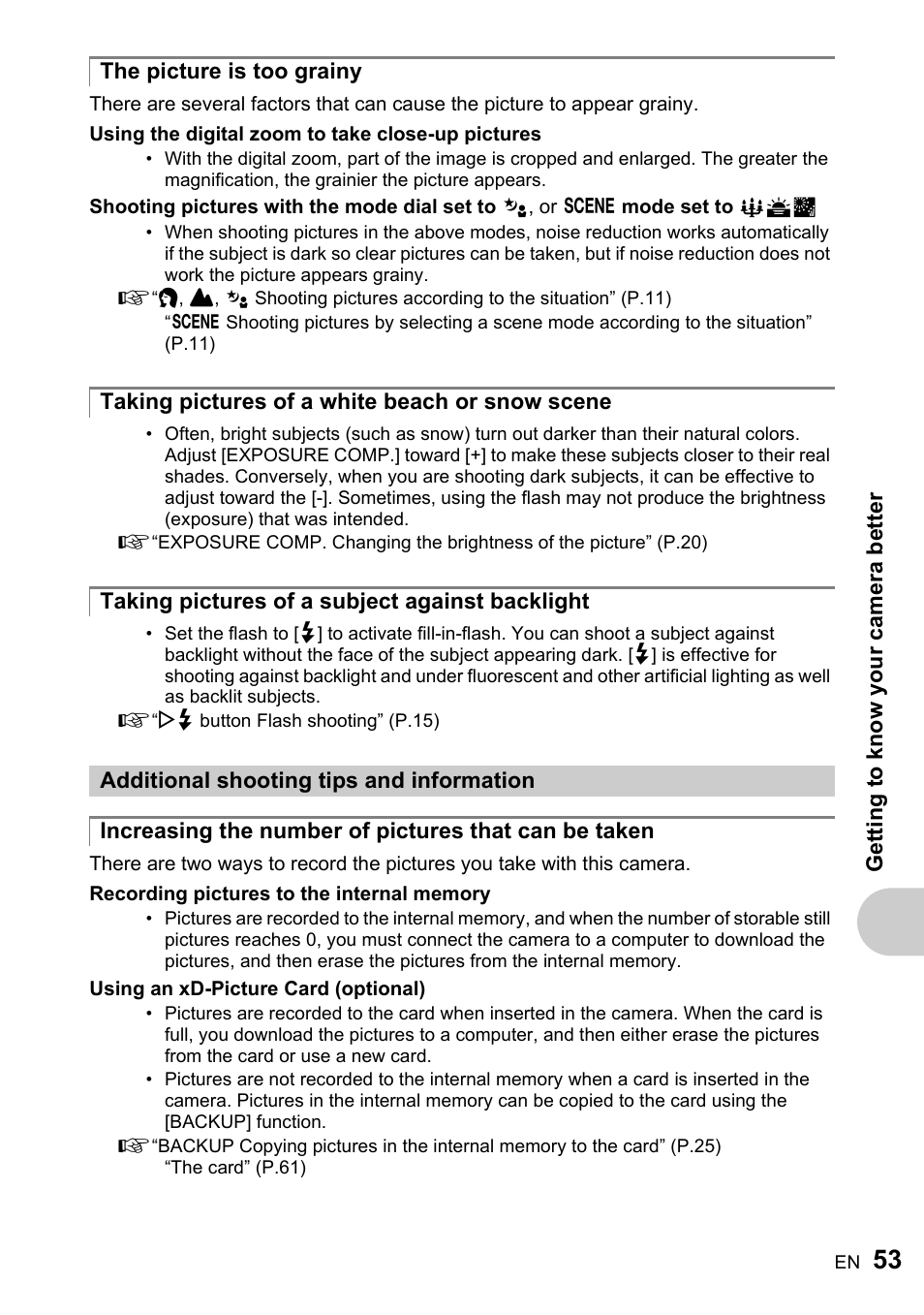 The picture is too grainy, Taking pictures of a white beach or snow scene, Taking pictures of a subject against backlight | Additional shooting tips and information | Olympus FE-200 User Manual | Page 53 / 78