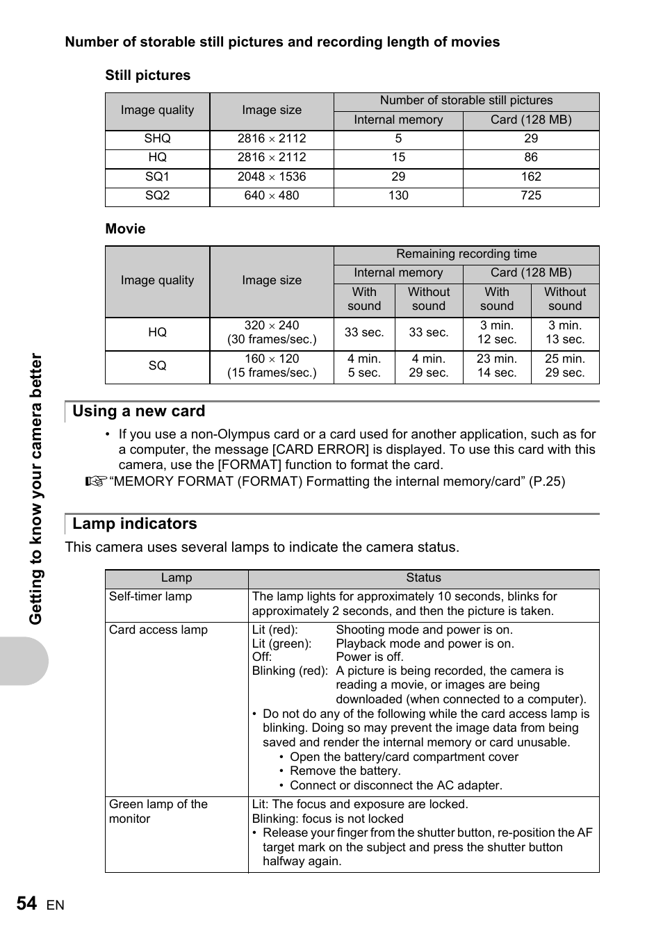 Using a new card, Lamp indicators, Using a new card lamp indicators | Olympus FE-200 User Manual | Page 54 / 78