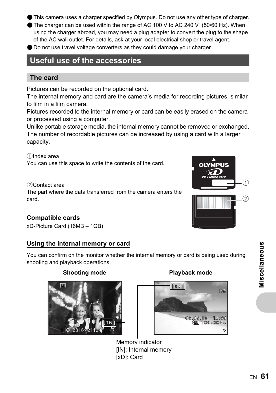 Useful use of the accessories, The card, The card” (p.61) | Misc ell a neous | Olympus FE-200 User Manual | Page 61 / 78