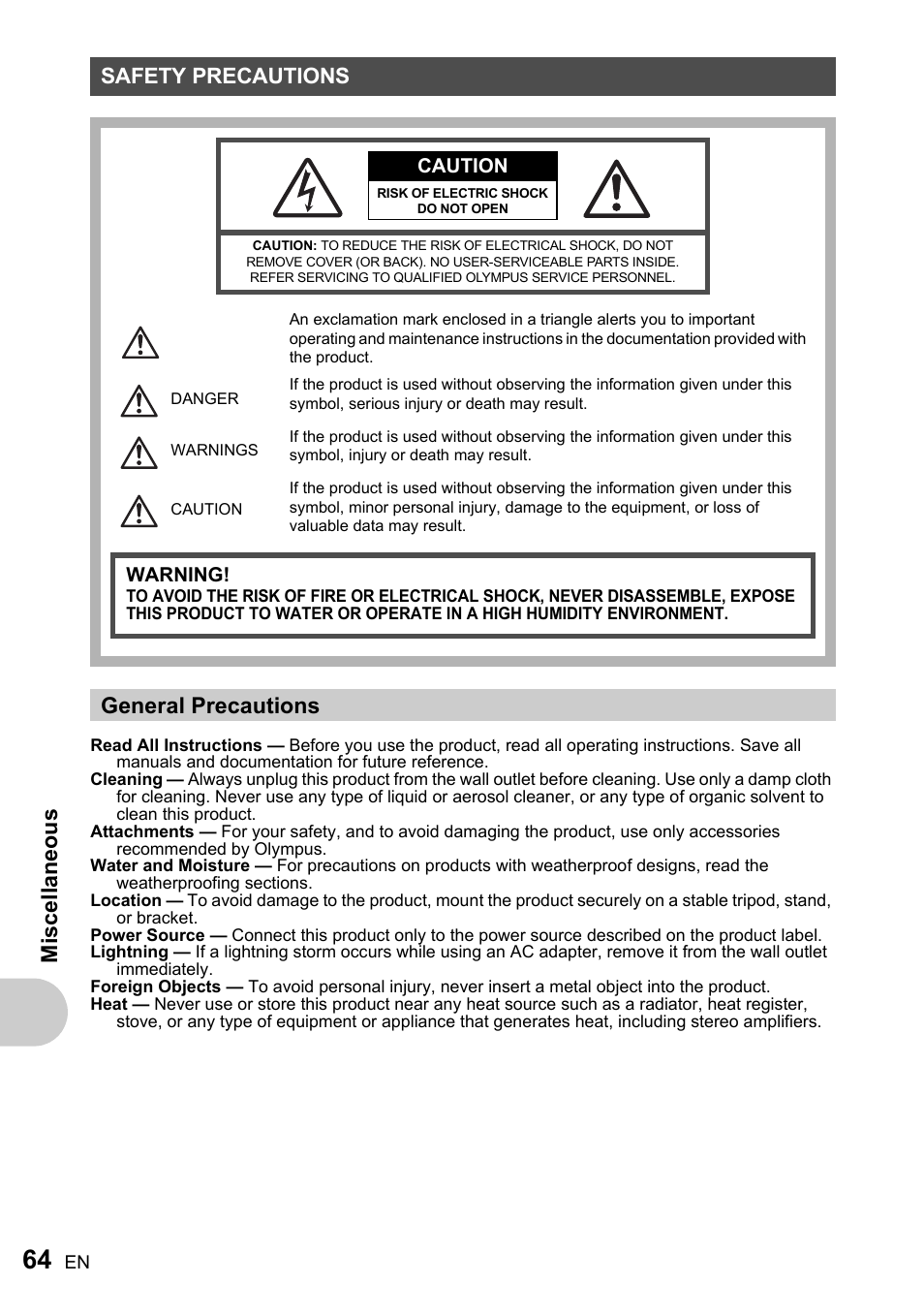 Safety precautions, General precautions, Misc ell a neous | Olympus FE-200 User Manual | Page 64 / 78