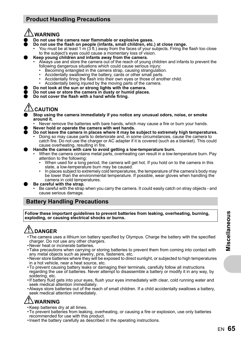 Product handling precautions, Battery handling precautions, Misc ell a neous | Olympus FE-200 User Manual | Page 65 / 78