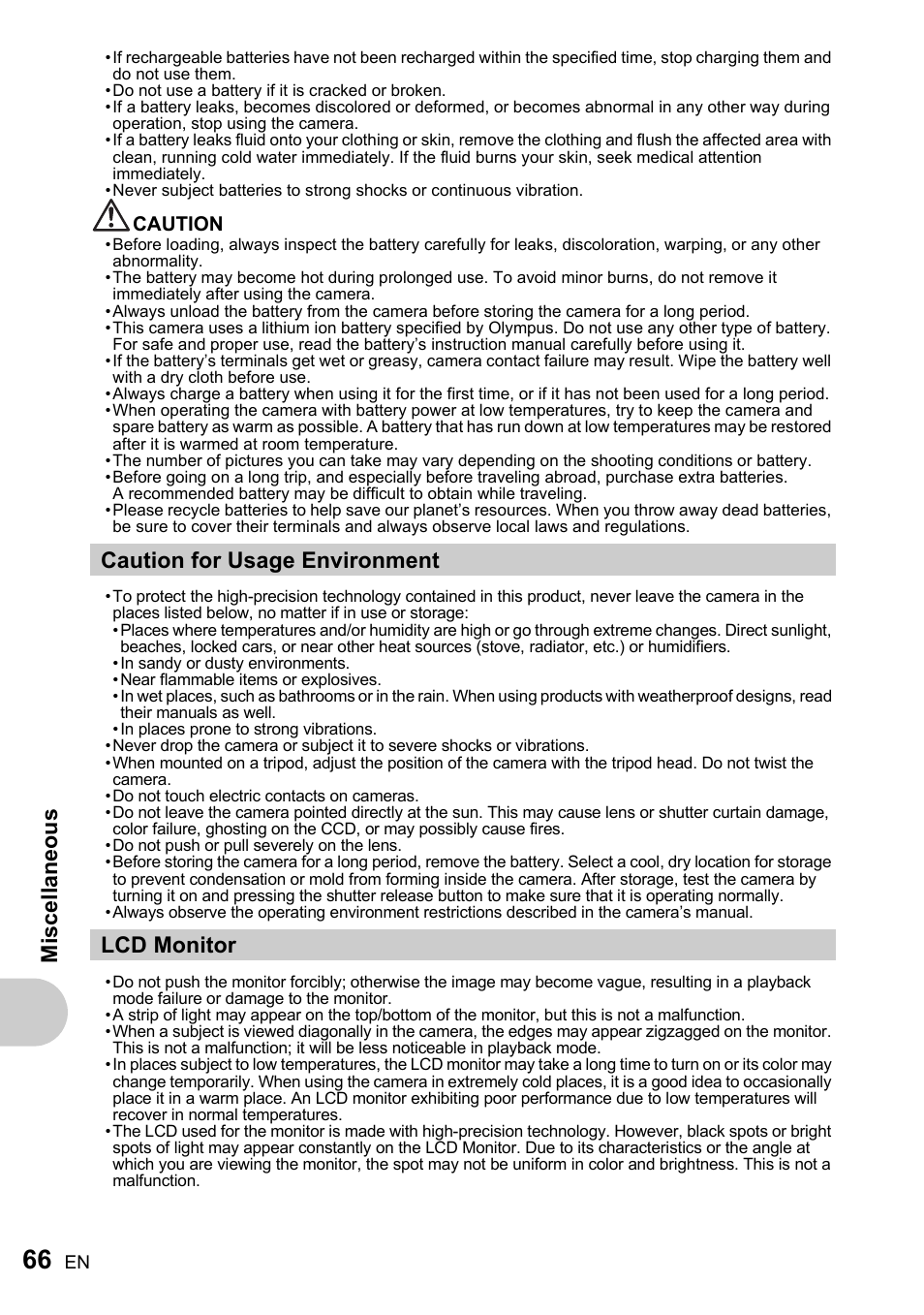 Caution for usage environment, Lcd monitor, Misc ell a neous | Caution for usage environment lcd monitor | Olympus FE-200 User Manual | Page 66 / 78