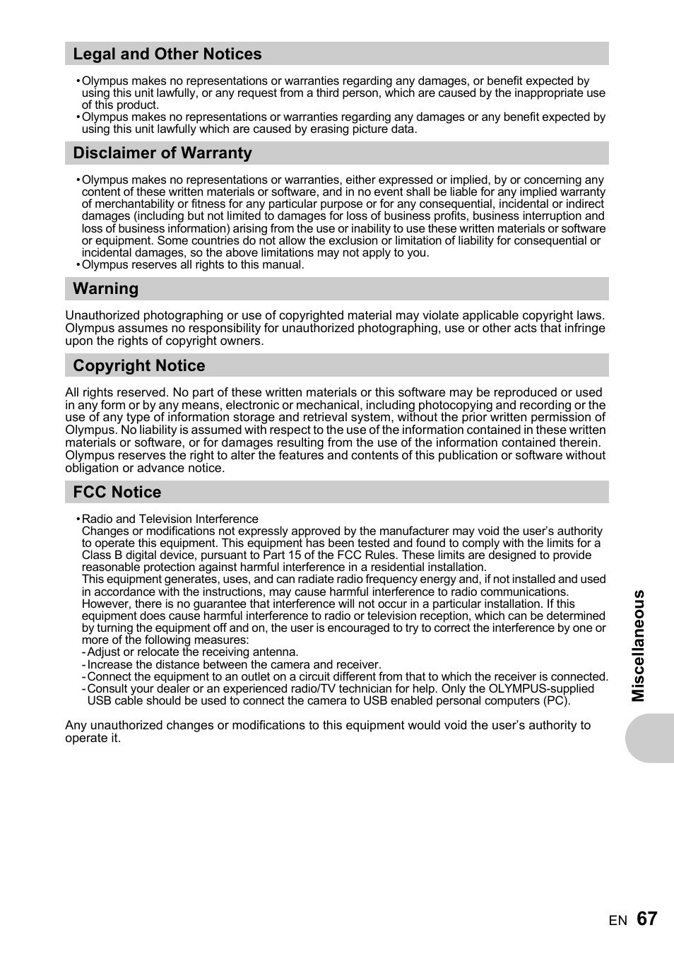 Legal and other notices, Disclaimer of warranty, Warning | Copyright notice, Fcc notice, Misc ell a neous | Olympus FE-200 User Manual | Page 67 / 78