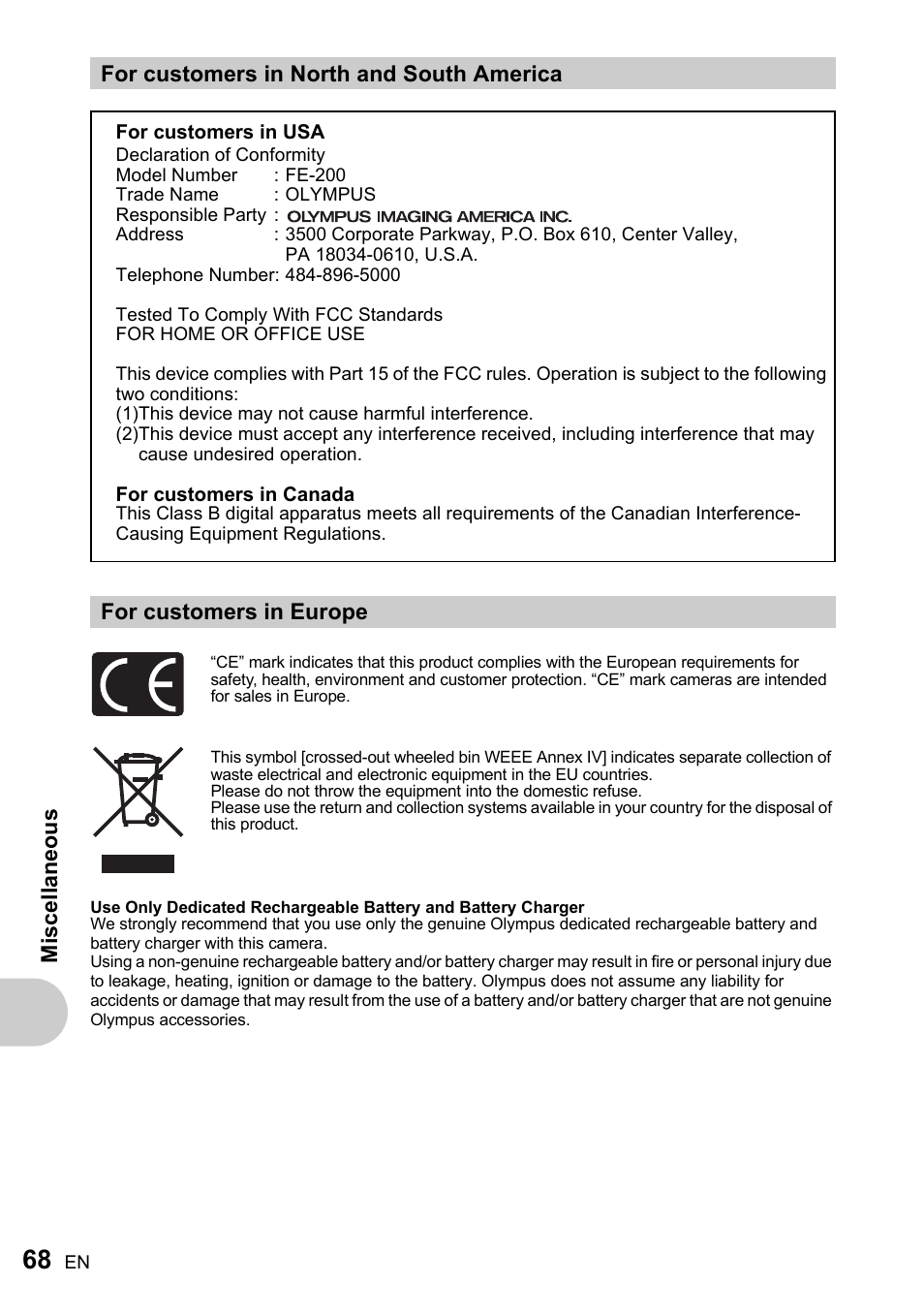For customers in north and south america, For customers in europe, Misc ell a neous | Olympus FE-200 User Manual | Page 68 / 78