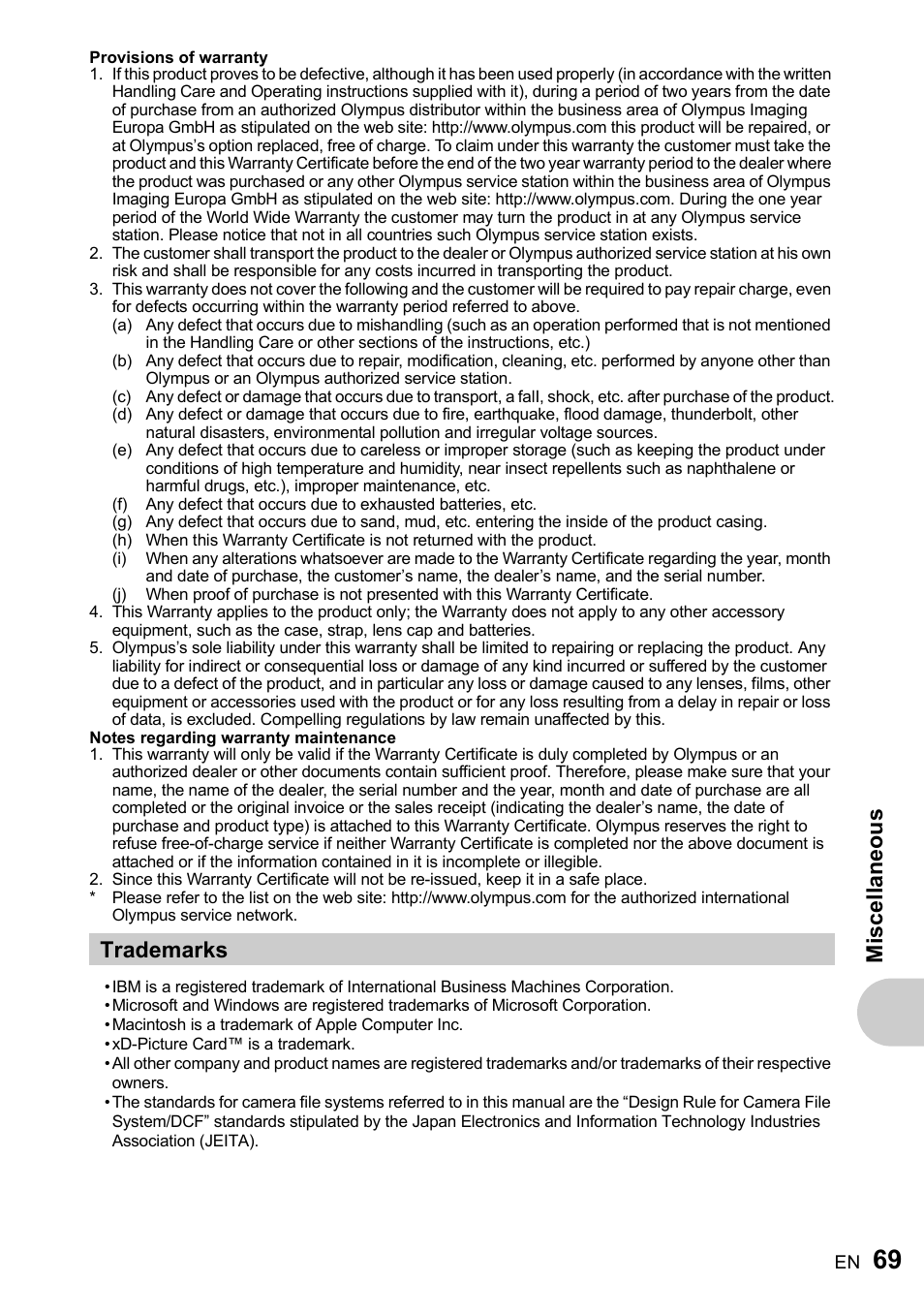 Trademarks, Misc ell a neous | Olympus FE-200 User Manual | Page 69 / 78