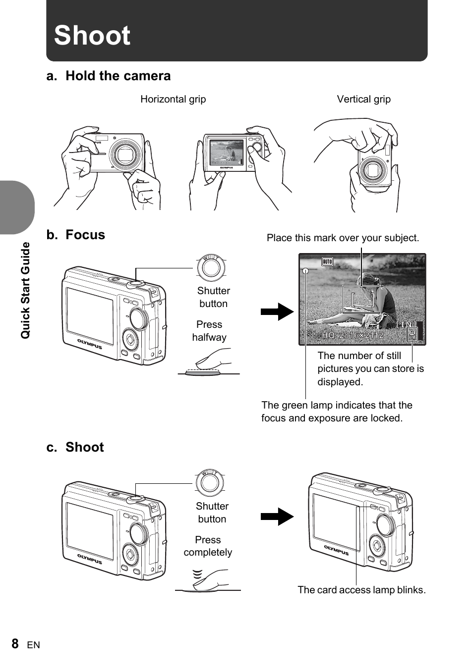 Shoot, A. hold the camera c. shoot, B. focus | Olympus FE-200 User Manual | Page 8 / 78