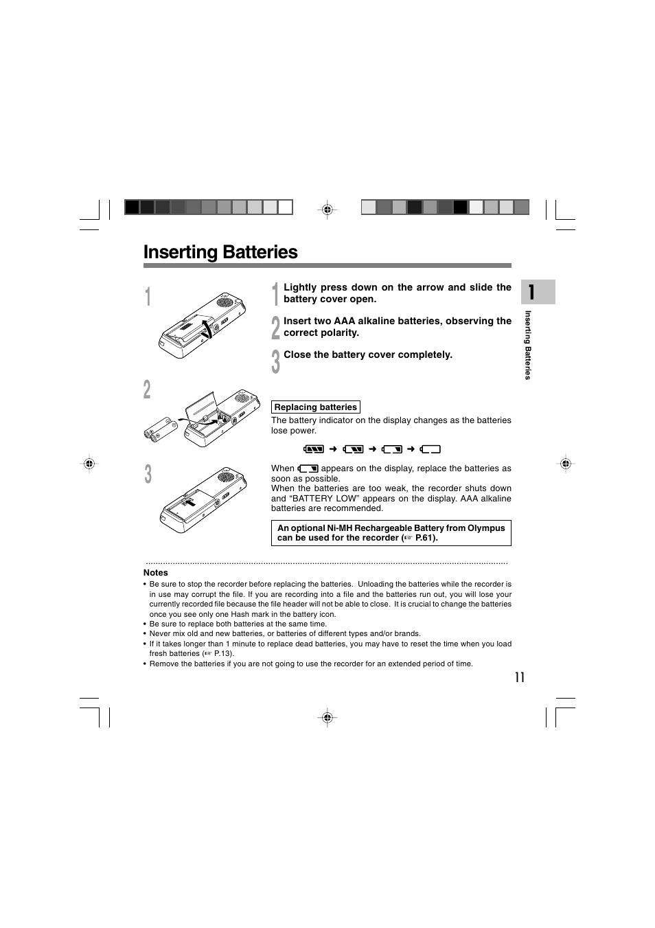 Inserting batteries | Olympus DS 2 User Manual | Page 11 / 64