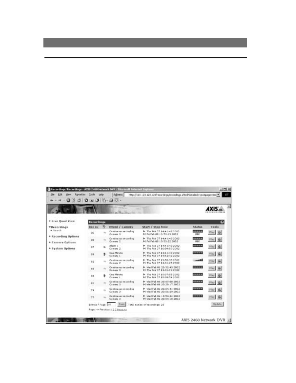 Working with recordings | Axis Communications 2460 User Manual | Page 30 / 72