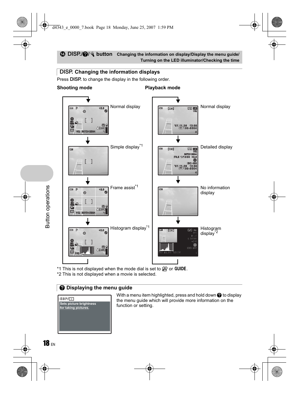 But to n o perat io ns, G / e / y button, Shooting mode | Playback mode, Frame assist, Simple display, Normal display, Histogram display, Normal display detailed display, No information display histogram display | Olympus Stylus 790 SW User Manual | Page 18 / 84