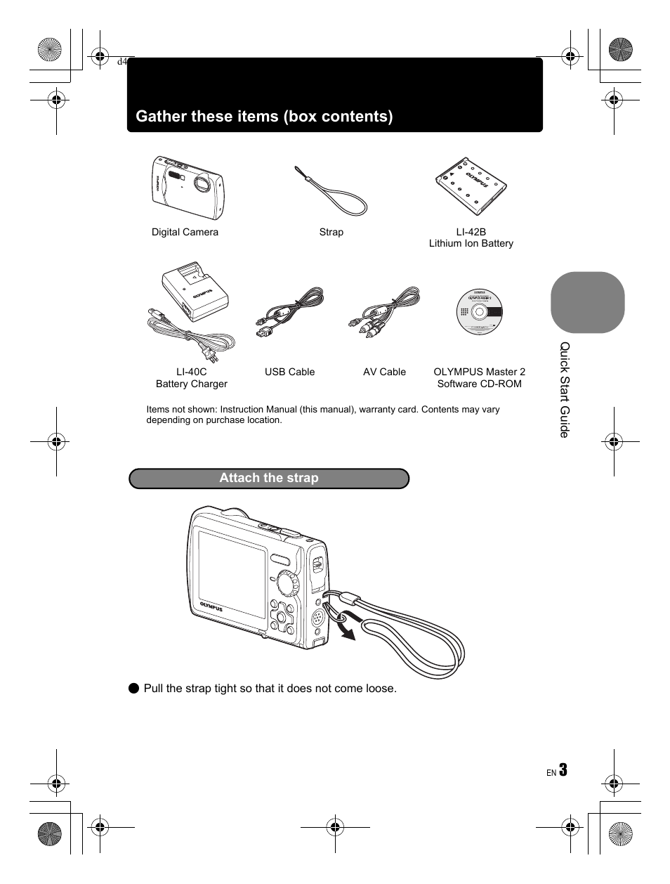 Gather these items (box contents) | Olympus Stylus 790 SW User Manual | Page 3 / 84