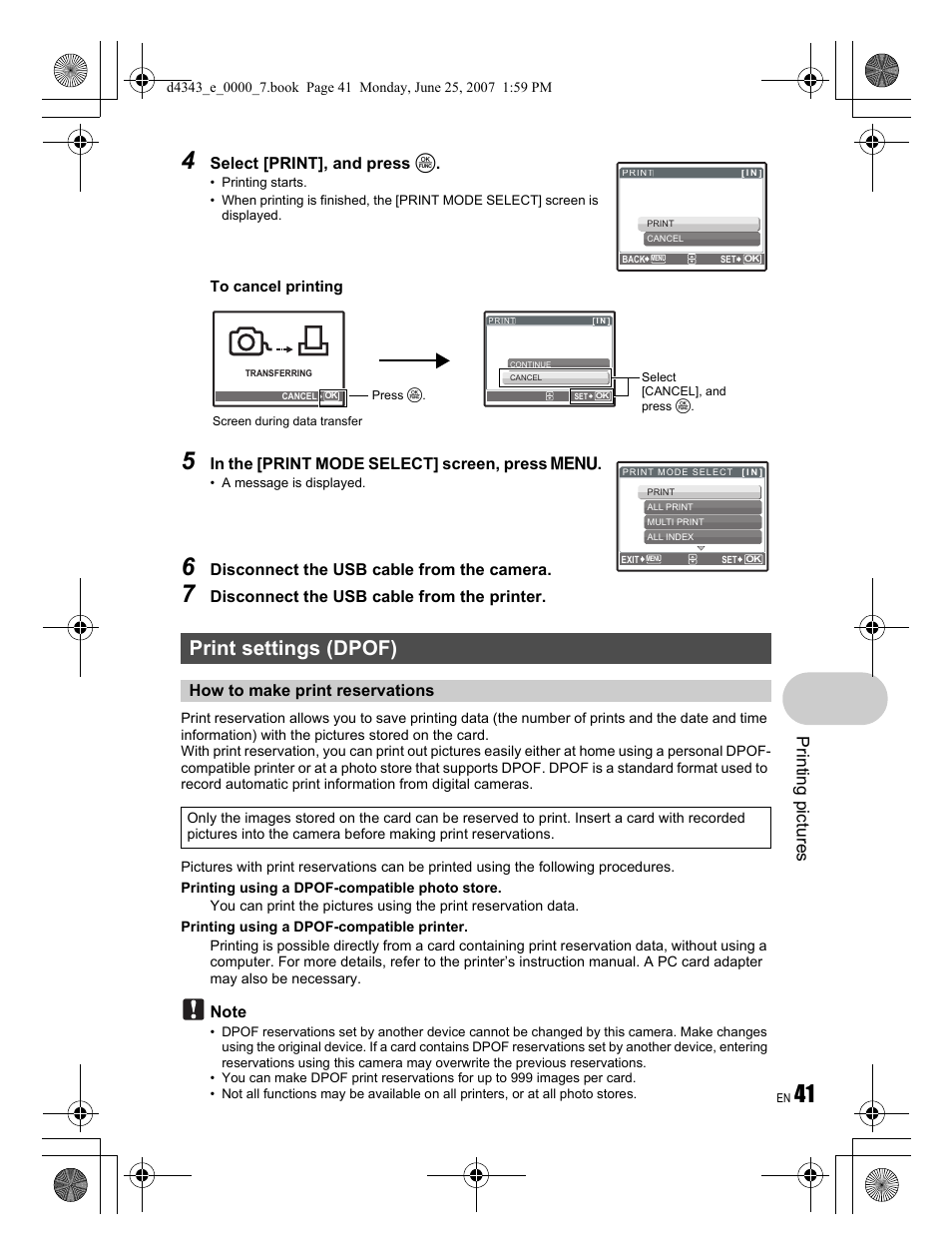 Print settings (dpof), Pri n ting p ict ures, Select [print], and press o | Disconnect the usb cable from the camera, Disconnect the usb cable from the printer, How to make print reservations | Olympus Stylus 790 SW User Manual | Page 41 / 84