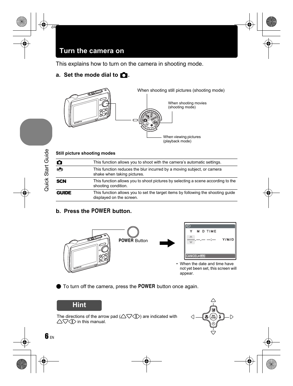 Turn the camera on, Hint, B. press the o button | Olympus Stylus 790 SW User Manual | Page 6 / 84