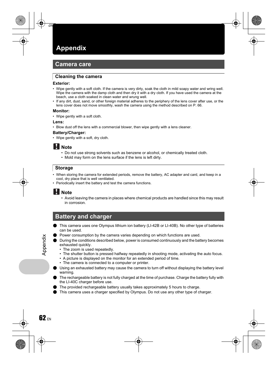 Appendix, Camera care, Battery and charger | Olympus Stylus 790 SW User Manual | Page 62 / 84