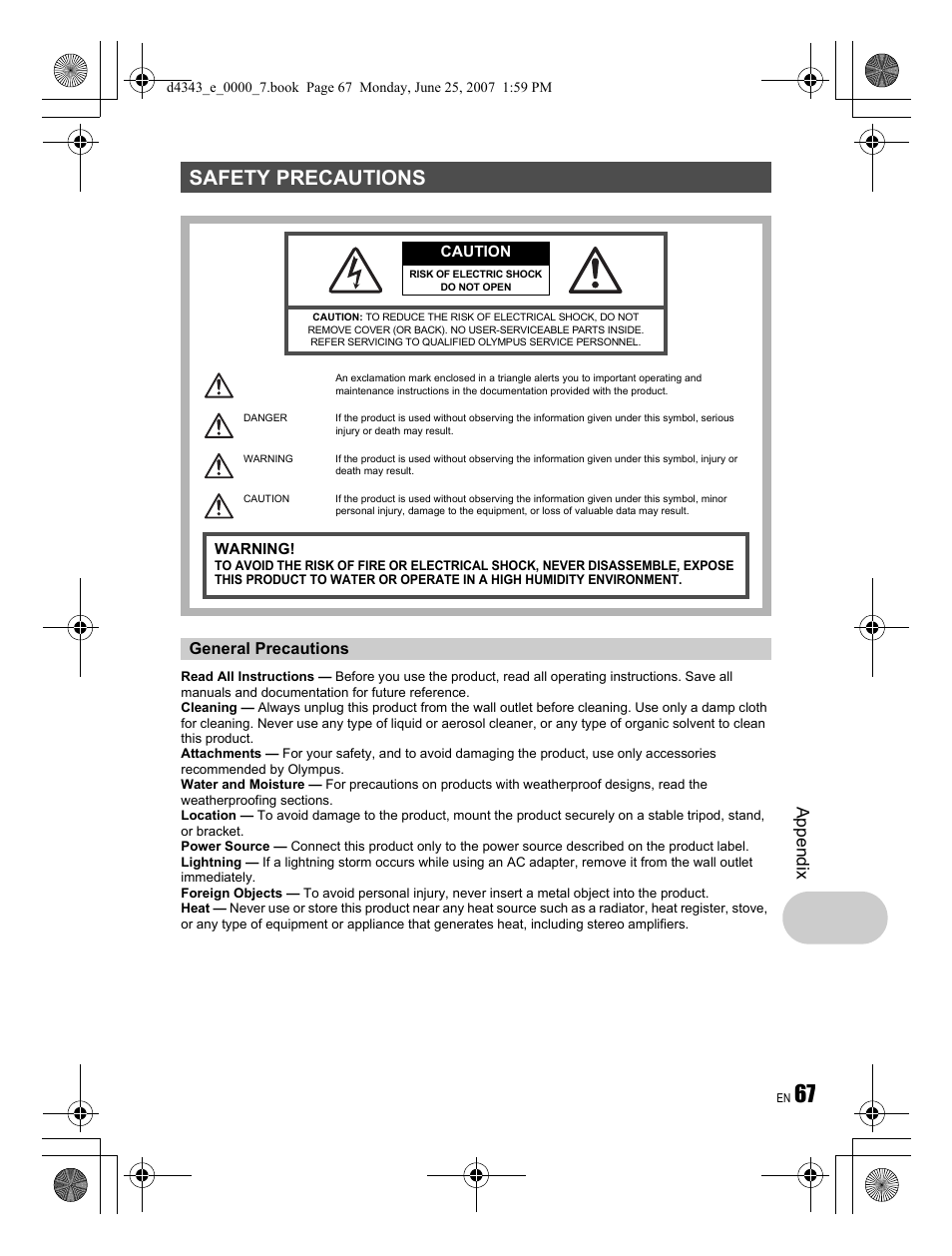 Safety precautions, Ap pend ix | Olympus Stylus 790 SW User Manual | Page 67 / 84