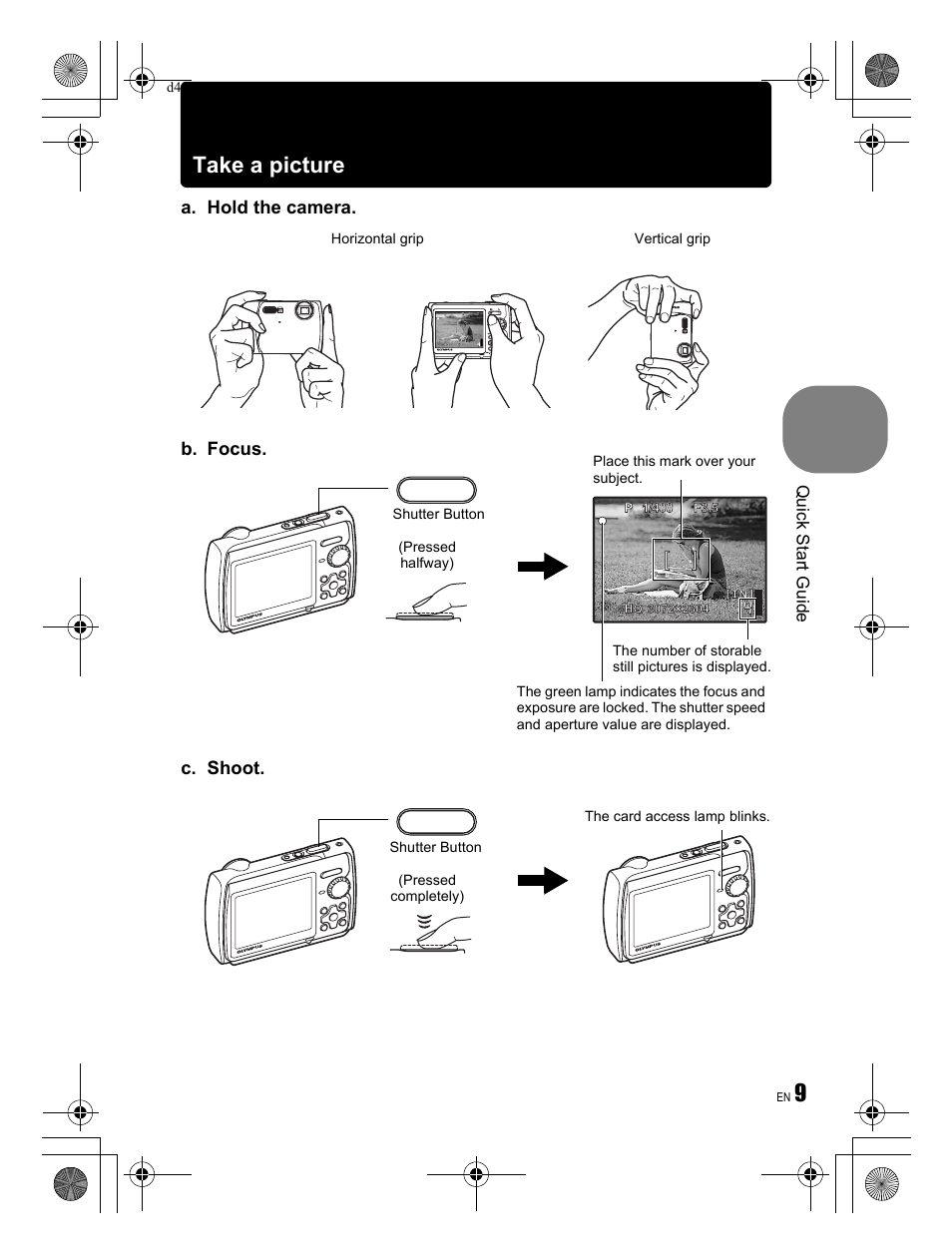 Take a picture, A. hold the camera. c. shoot, B. focus | Olympus Stylus 790 SW User Manual | Page 9 / 84