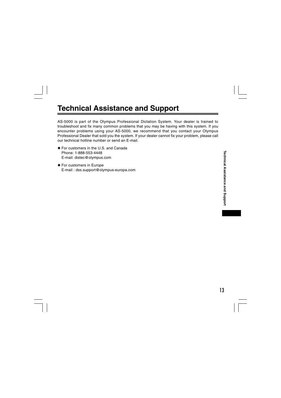 Technical assistance and support | Olympus AS-5000 User Manual | Page 13 / 17