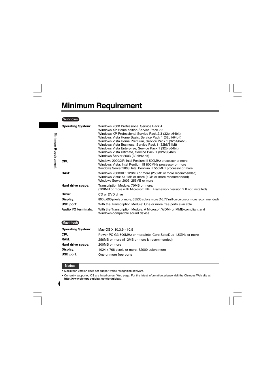 Minimum requirement | Olympus AS-5000 User Manual | Page 4 / 17