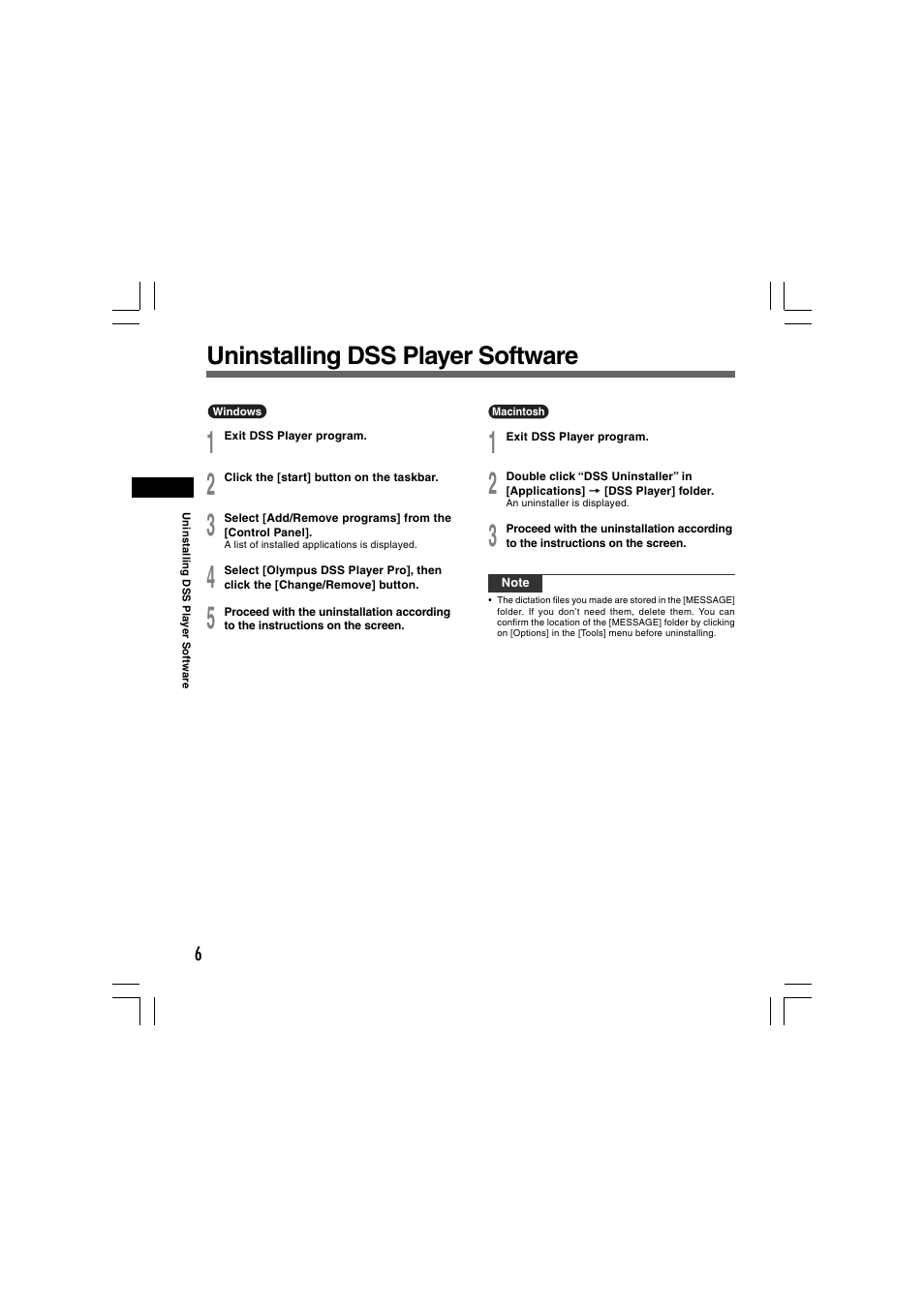Uninstalling dss player software | Olympus AS-5000 User Manual | Page 6 / 17
