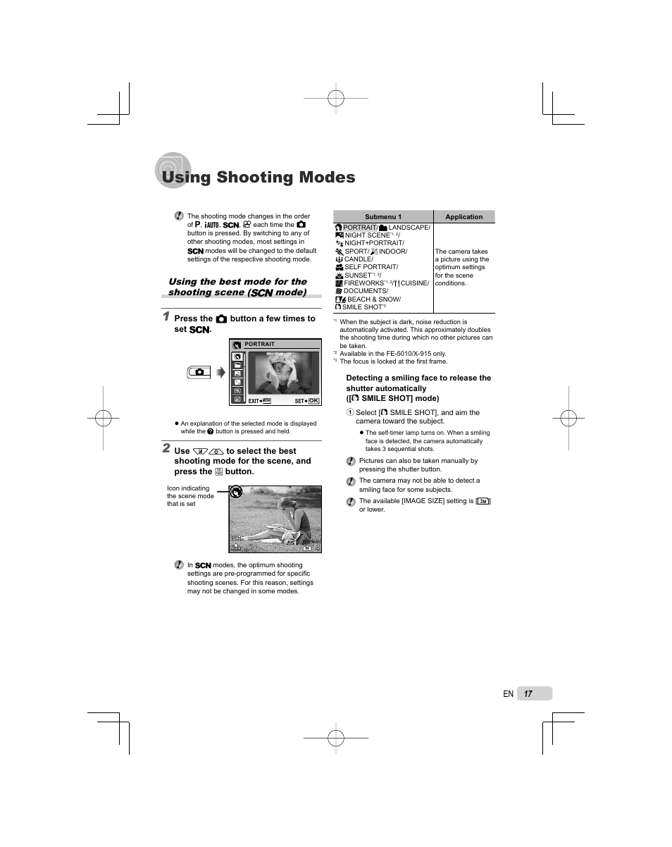 Using shooting modes | Olympus FE-5000 User Manual | Page 17 / 62