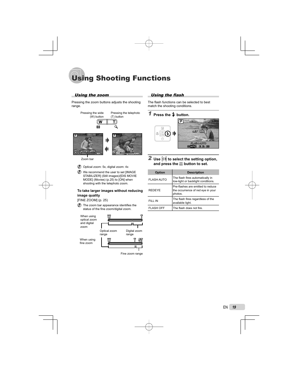 Using shooting functions, Using the fl ash, Using the zoom | Olympus FE-5000 User Manual | Page 19 / 62