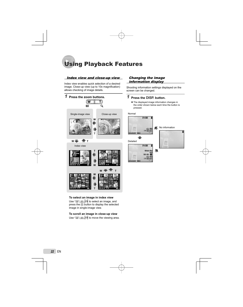 Using playback features, Changing the image information display, Index view and close-up view | Press the g button, Press the zoom buttons | Olympus FE-5000 User Manual | Page 22 / 62