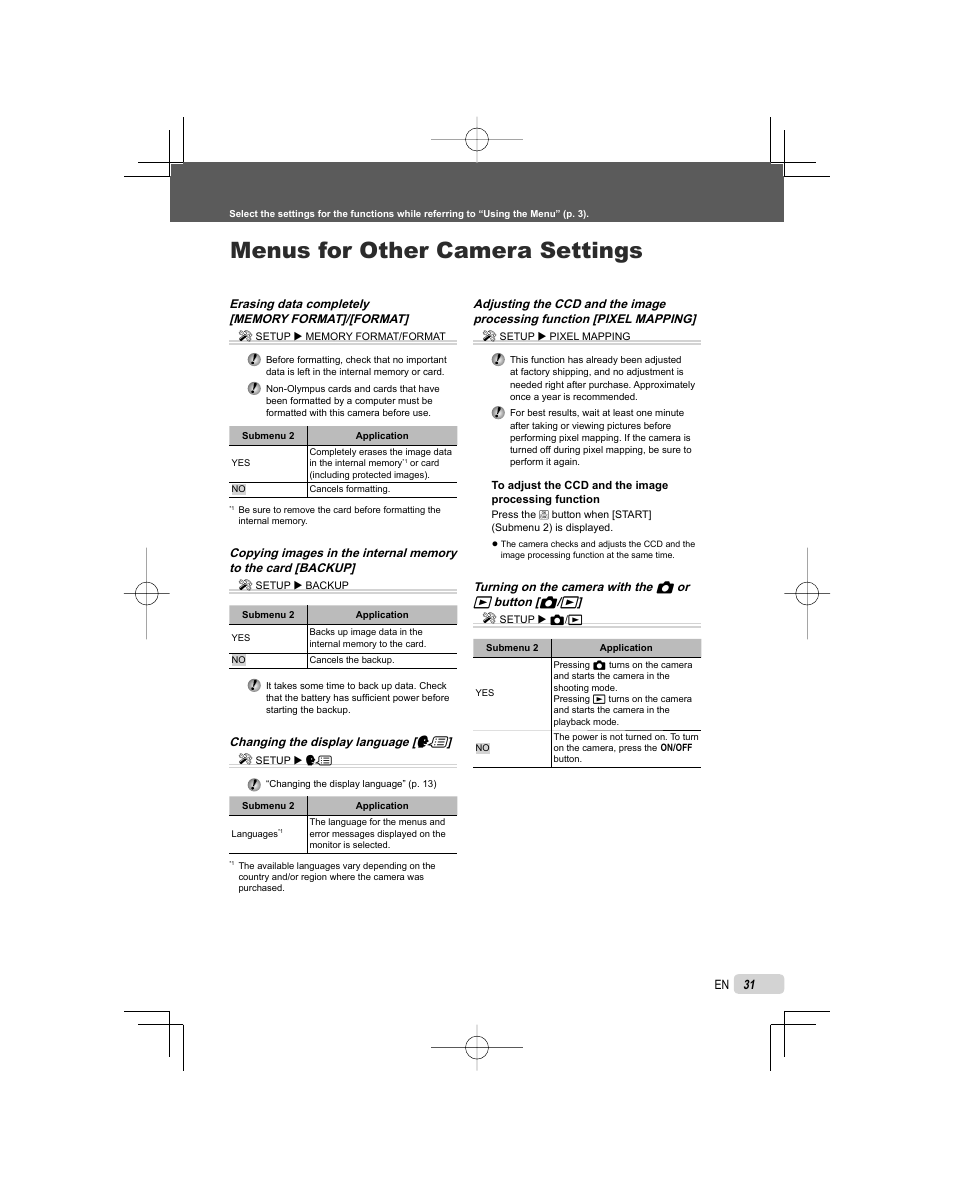 Menus for other camera settings | Olympus FE-5000 User Manual | Page 31 / 62