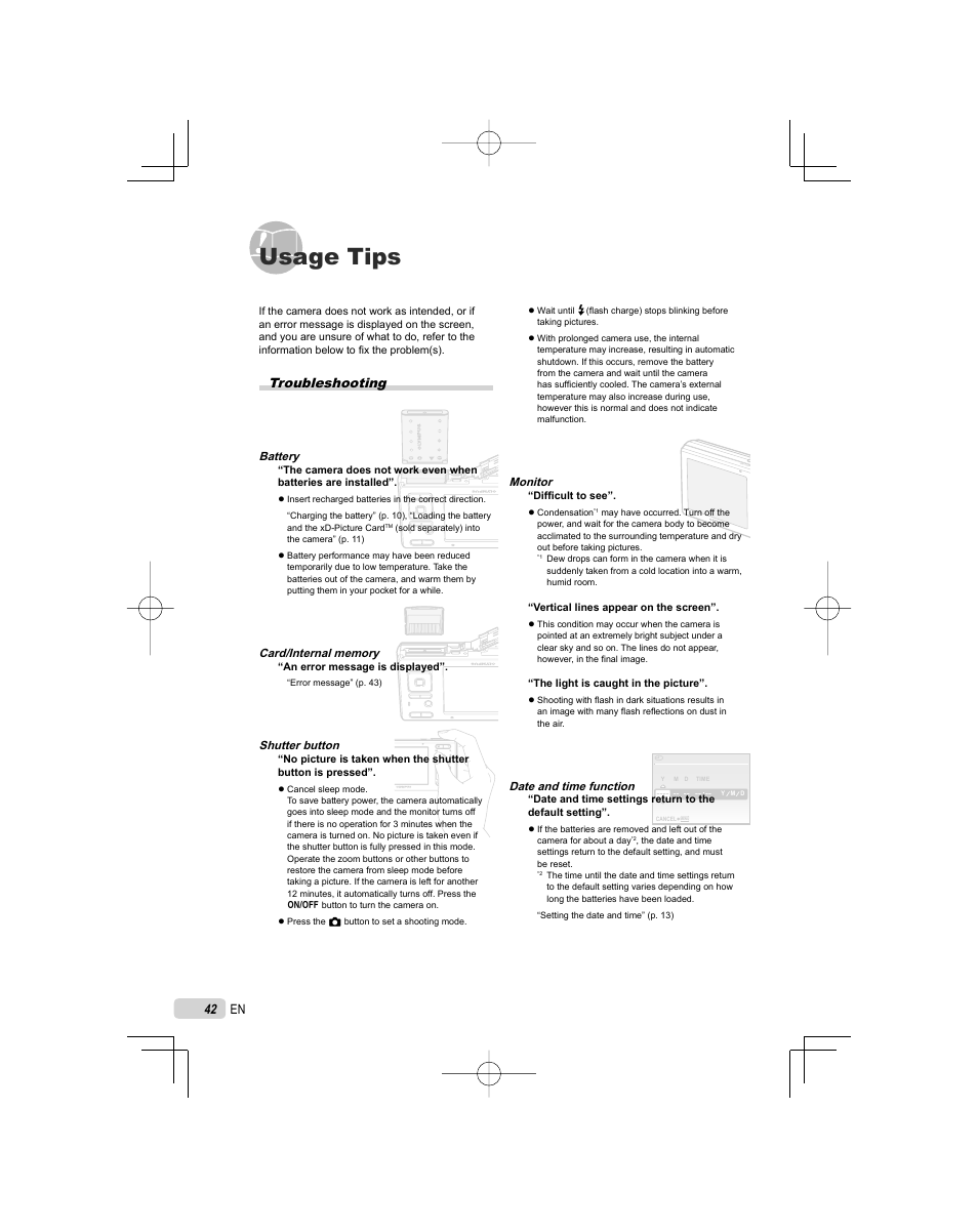 Usage tips, Troubleshooting | Olympus FE-5000 User Manual | Page 42 / 62