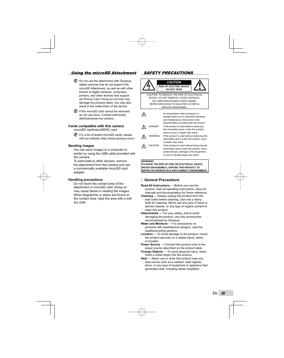 Using the microsd attachment, Safety precautions | Olympus FE-5000 User Manual | Page 49 / 62
