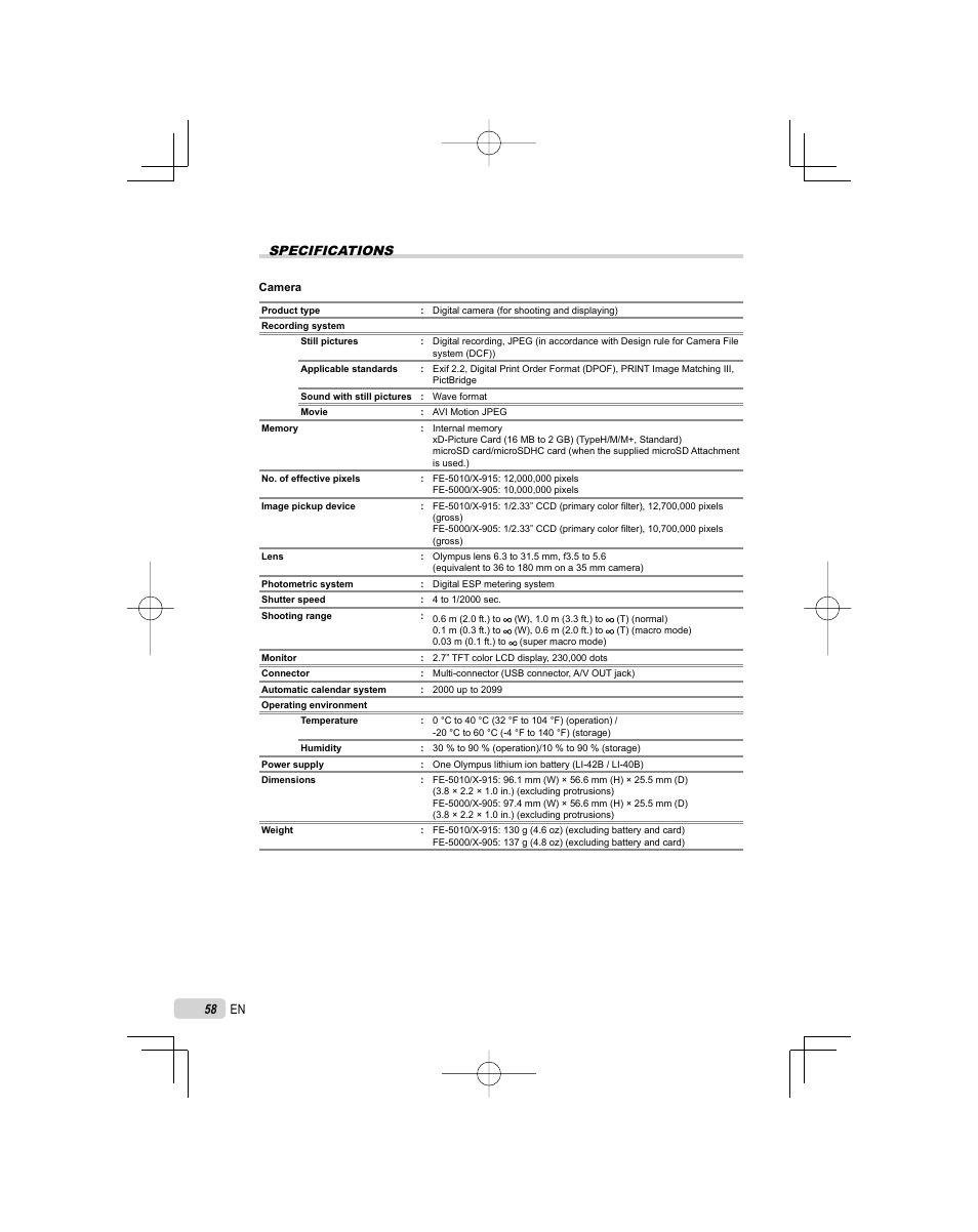 Specifications | Olympus FE-5000 User Manual | Page 58 / 62