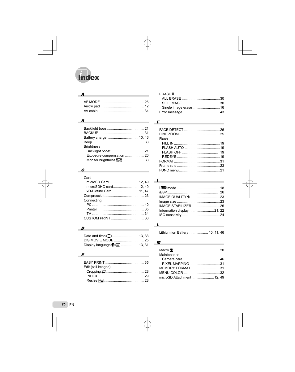 Index | Olympus FE-5000 User Manual | Page 60 / 62