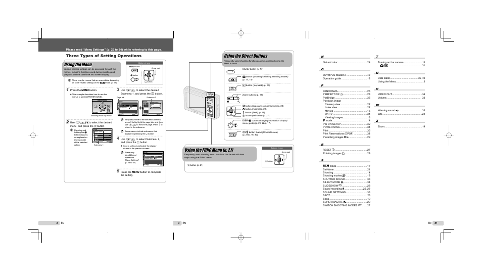 Using the direct buttons, Using the func menu (p. 21), Using the menu | Three types of setting operations | Olympus FE-5000 User Manual | Page 61 / 62