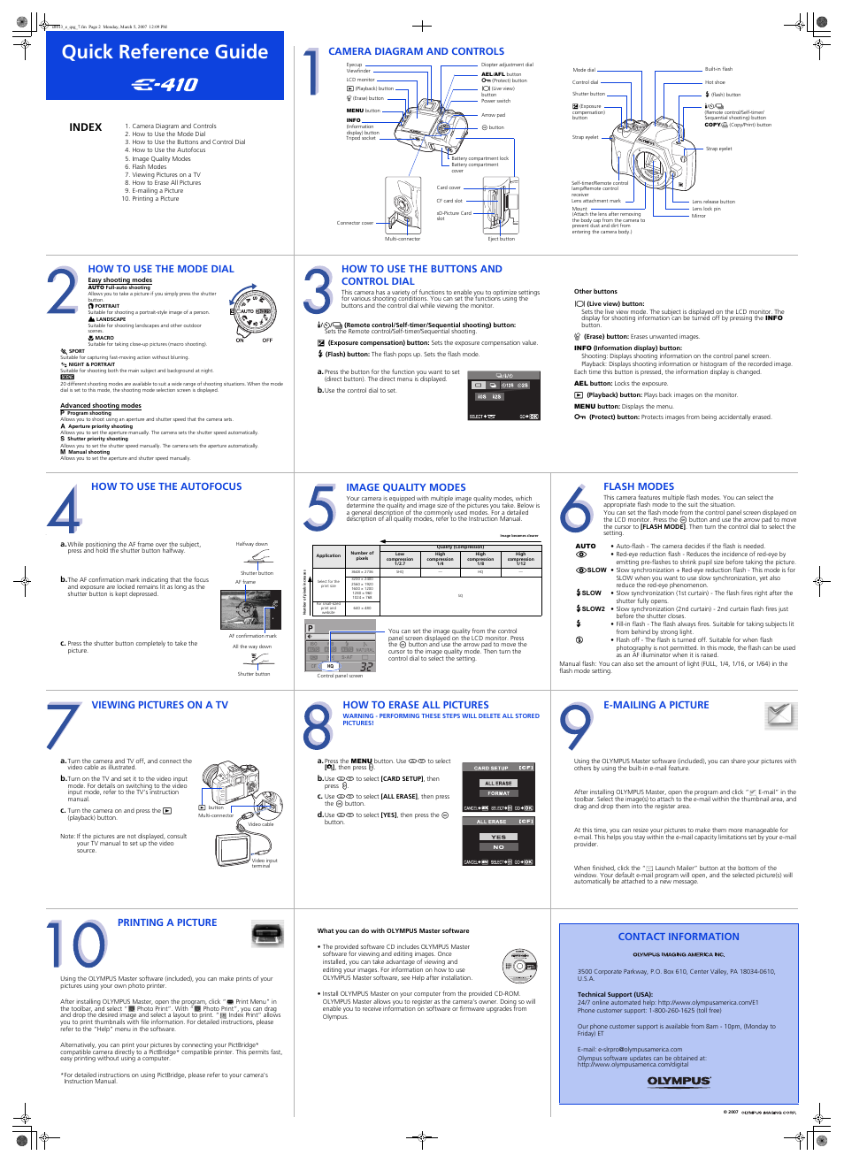 Quick reference guide, Index, Camera diagram and controls | How to use the mode dial, How to use the buttons and control dial, How to use the autofocus, Image quality modes, Flash modes, Viewing pictures on a tv, How to erase all pictures | Olympus EVOLT E-410 User Manual | Page 2 / 2