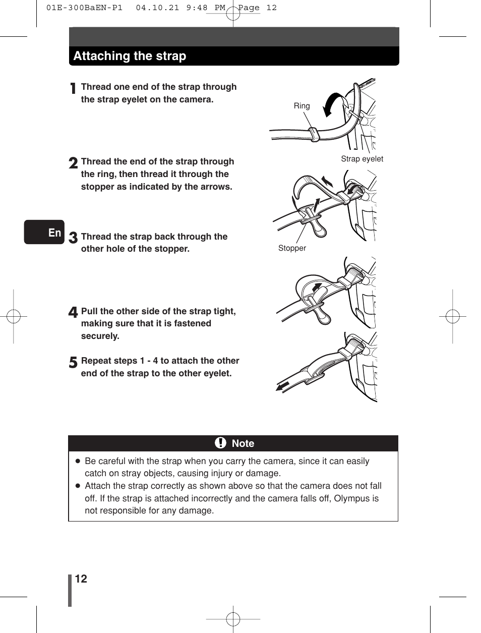 Attaching the strap | Olympus EVOLT E-300 User Manual | Page 12 / 34