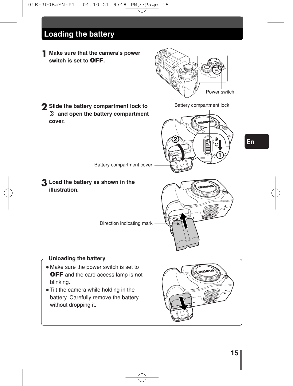 Loading the battery | Olympus EVOLT E-300 User Manual | Page 15 / 34