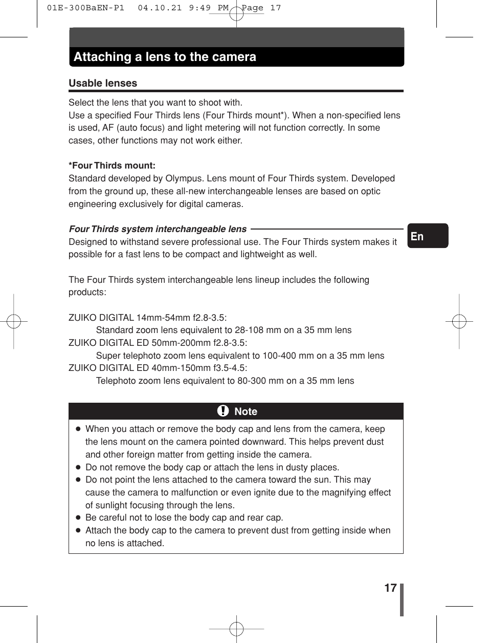 Attaching a lens to the camera, 17 en | Olympus EVOLT E-300 User Manual | Page 17 / 34