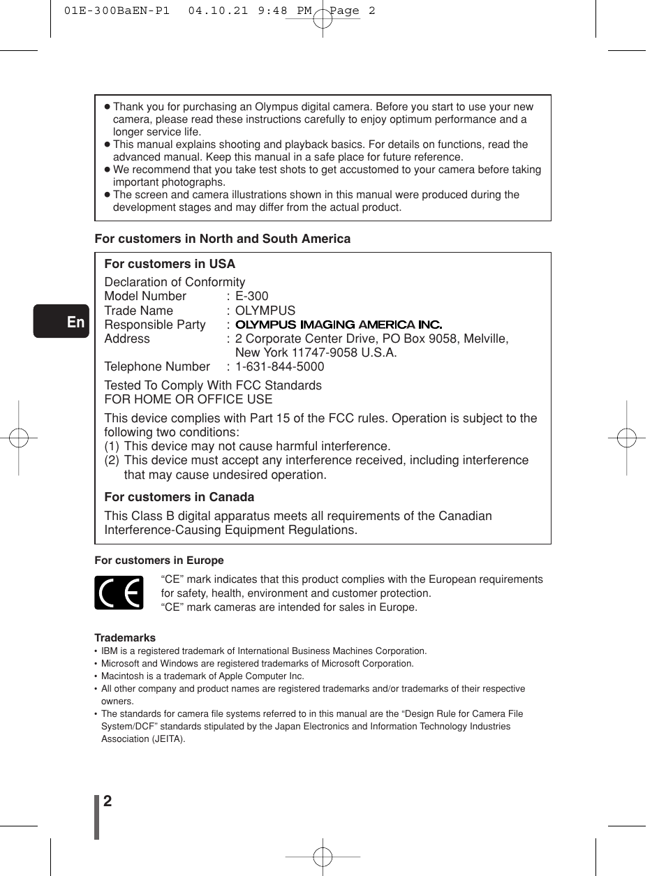 Olympus EVOLT E-300 User Manual | Page 2 / 34