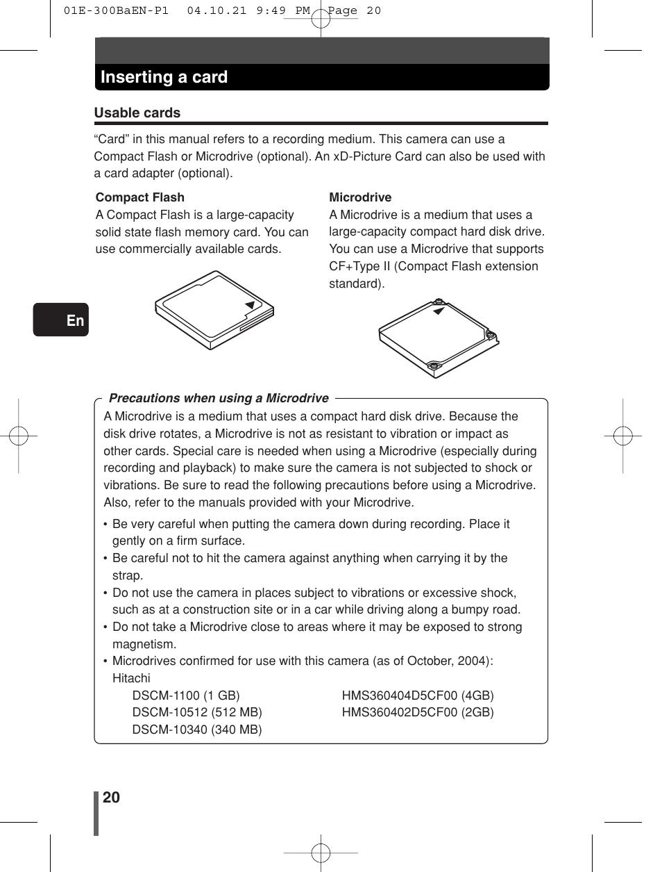 Inserting a card, 20 en | Olympus EVOLT E-300 User Manual | Page 20 / 34