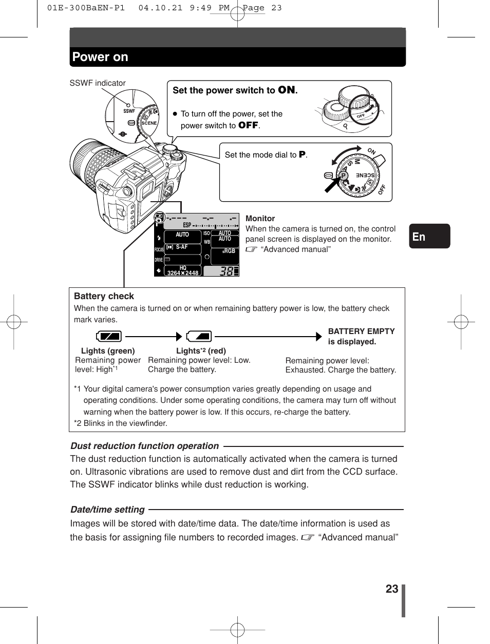 Power on, 23 en | Olympus EVOLT E-300 User Manual | Page 23 / 34