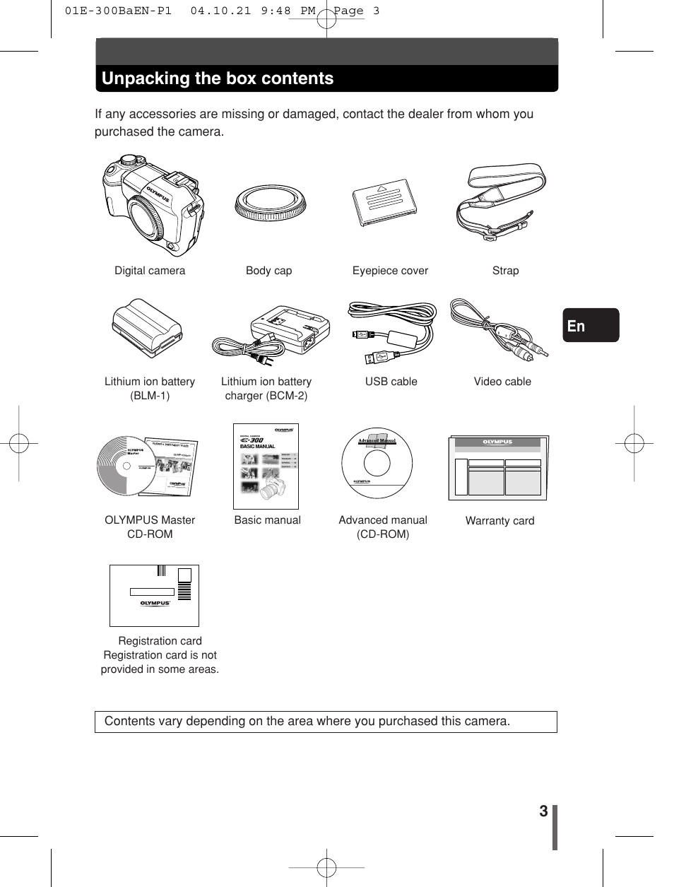 Unpacking the box contents | Olympus EVOLT E-300 User Manual | Page 3 / 34